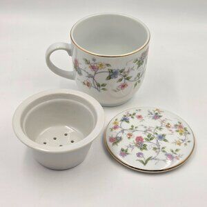 Andrea by Sadek Corona Floral Tea Cup with Lid & Strainer Gold Trim